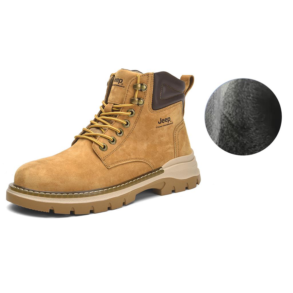 Jeep Slip-Resistant Wear-Resistant Warm Thick British Style Short Tube Fleece Martin Boots Men boots Dark-Yellow P340911117