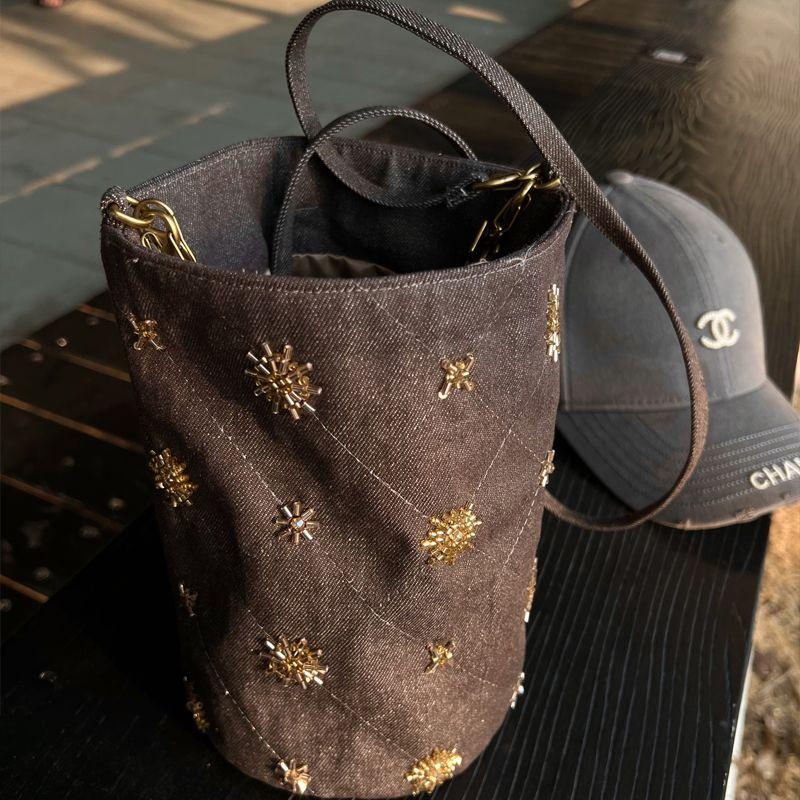 

Beads Embroidered Bucket Bag 2025 Summer Denim Shoulder Bag New Chinese Style Versitile Fashion Crossbody Bag Women s Bag Brown Denim