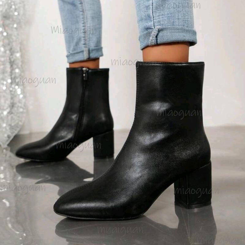 Women's High Heel Short Boots 2026 Autumn New Plus Size 35-42 Side Zipper Chunky Heel Square Toe Black Ankle Boots Botas Mujer
