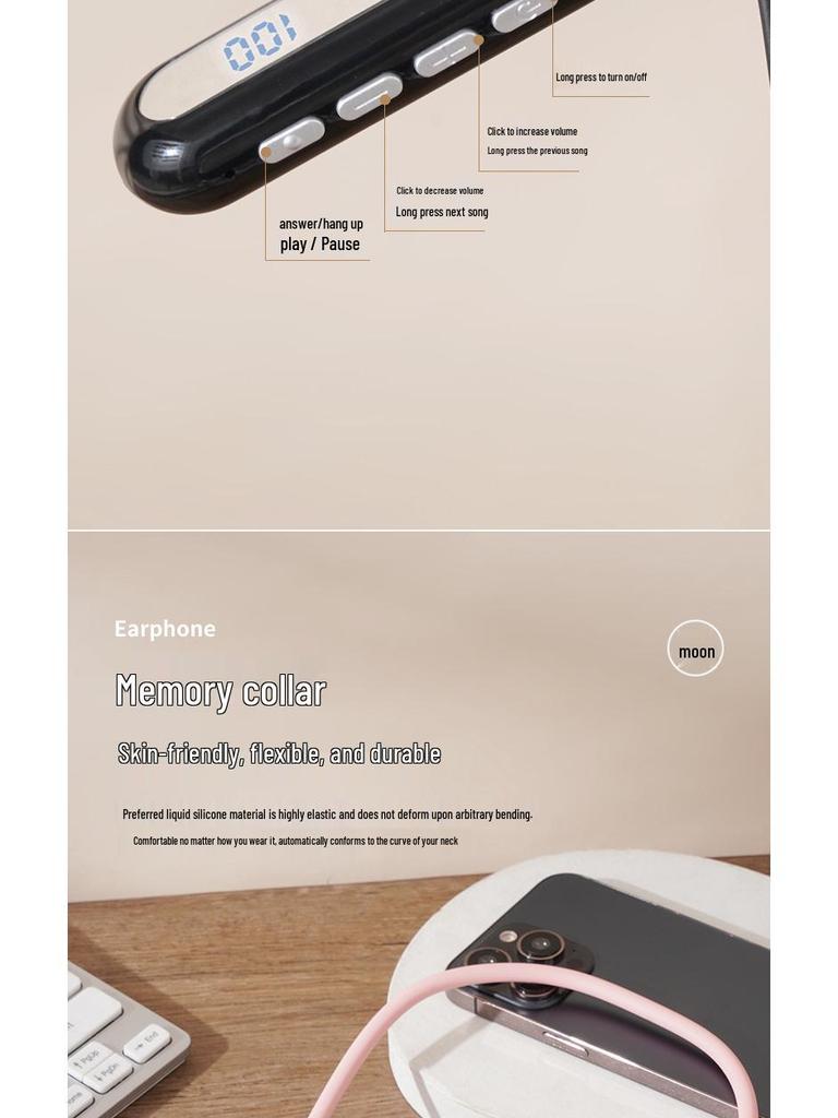 Neck-Hanging Sports Bluetooth Headset with Large Battery and Digital Display for Super Long Wireless Use