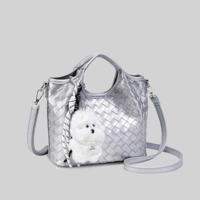 Woven Bucket Bag Women Fashion Crossbody Shoulder With Plush Dog Charm Handbag Commute