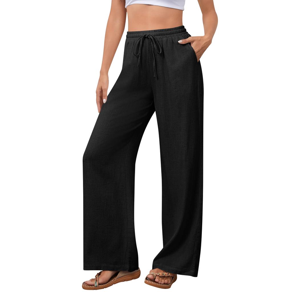 Women's Casual Fashion Cotton-Linen Blend Wide-Leg Pants With Side Pockets