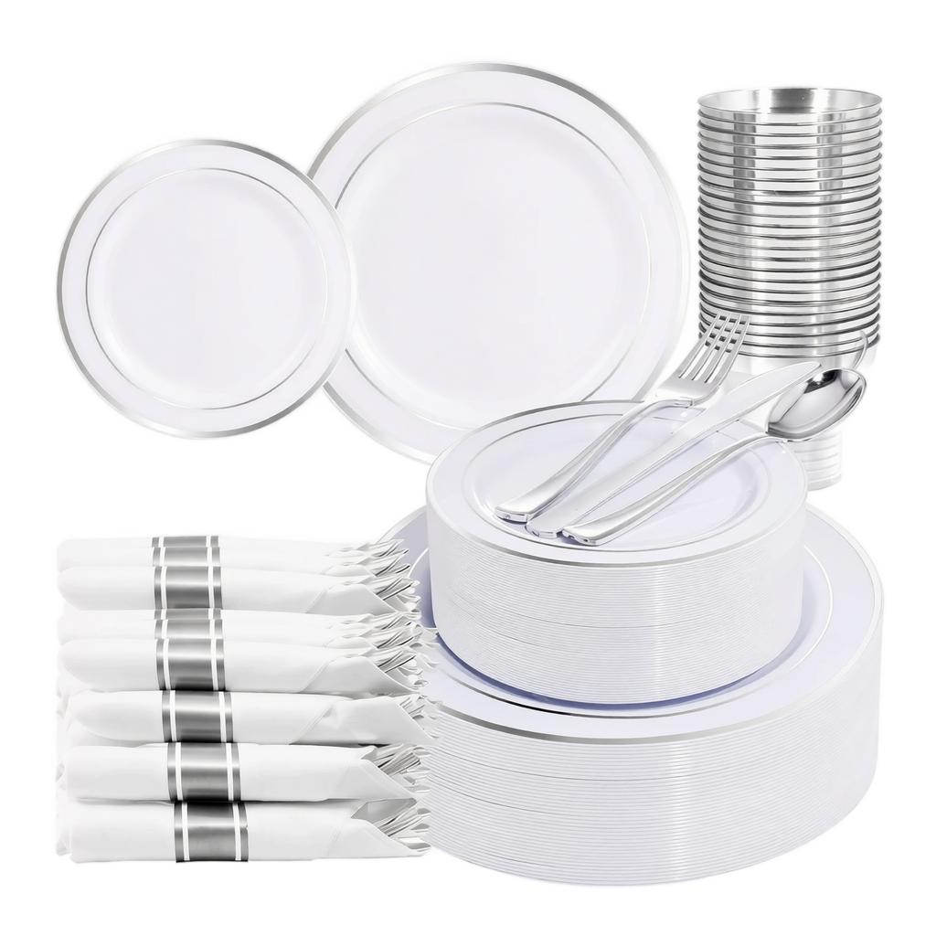 Disposable Party Tableware Set for 10 People Plastic Plates Plastic Cups Forks Knives Spoons Silverware Cutlery Set for Gatherings Events