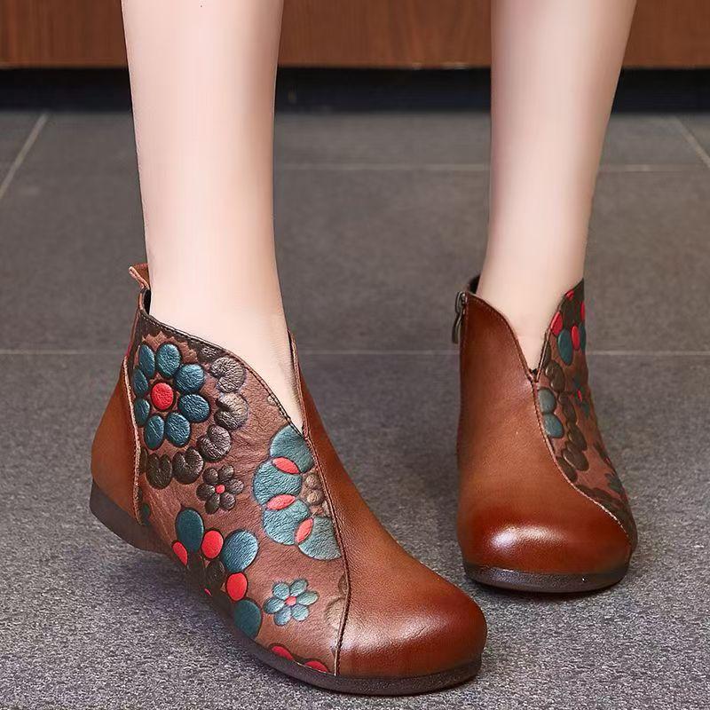 Dames Etnische Stijl Echt Leer Katoenen Laarzen Herfst Winter Nieuw Leerreliëf Pluche Warm Houden Platte zool Ritsen Enkellaarzen