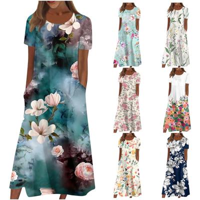 Damskie Casual Sukienki Sukienki z nadrukiem Letnie sukienki Z nadrukiem Plisowany Okrągły dekolt Midi Sukienki Podstawowy Klasyczny Na wolnym powietrzu Codzienny Krótki rękaw Luźne sukienki
