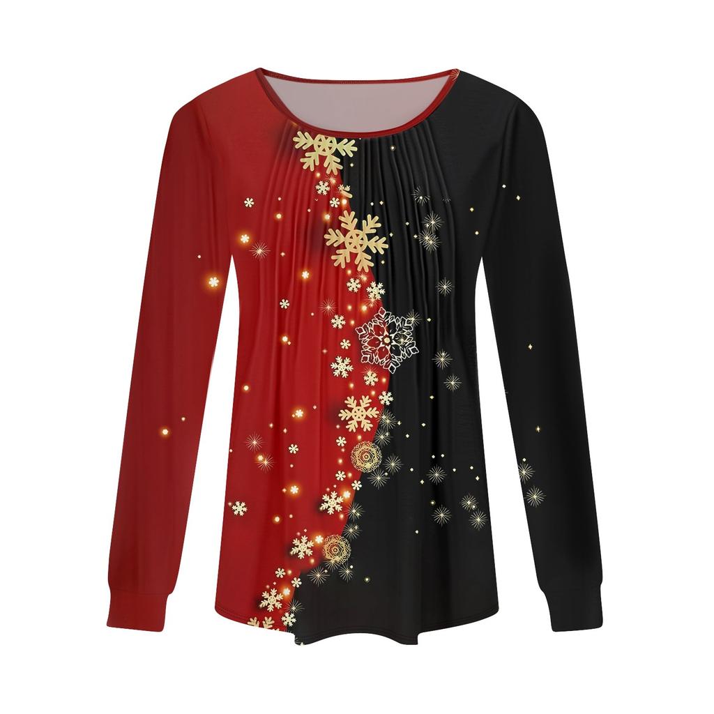 Long Sleeve Shirts For Women Tops Dressy Christmas Print Casual Blouses Pleated Scooped Neck Tunic Tops