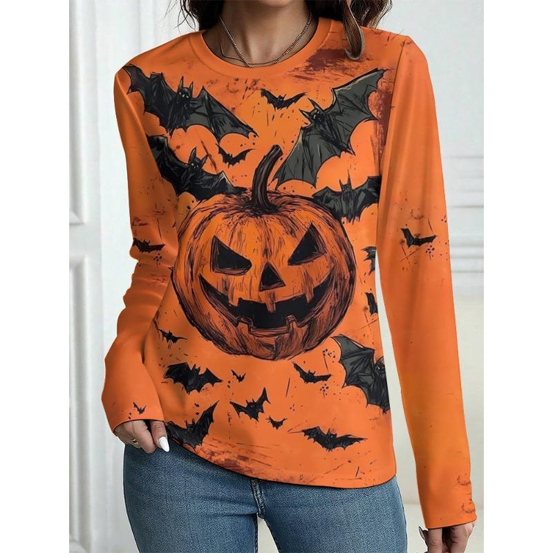 Autumn Long Sleeve Women's T-shirt Fashion Casual Long T-shirt Tops Halloween Spooky Ghost Printing OverSize Women's Clothing