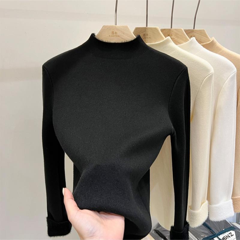 Autumn Half High Collar Slim Fit Warm Knitted Sweater Women Fashion Winter Thick Velvet Base Pullover Sweaters for Women Casual Plush Knitwears 24886