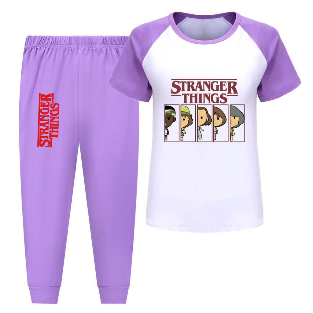 5248 Kids Boys Girls Stranger Print T-shirt Pants Trouser Sport Tracksuit Clothes Set