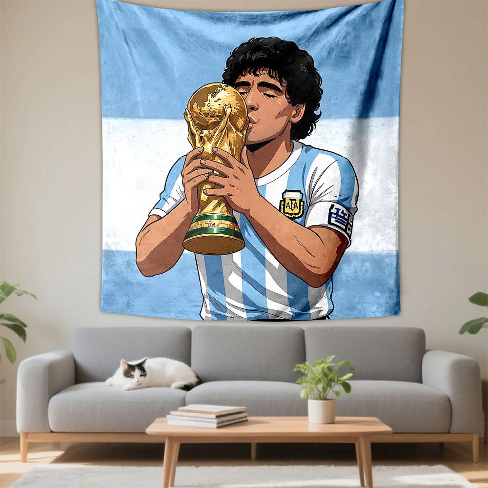 Diego Maradona Argentina Football Legend Wall Tapestry Kissing World Cup Trophy Albiceleste Decor for Fan Man Cave Gift