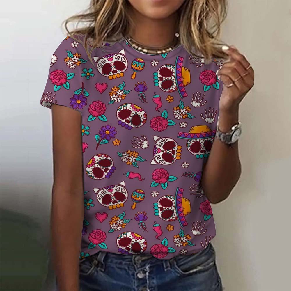 Summer Round Neck 3D Colorful Skull Pattern Print Top Fashionable Casual Short Sleeved Women's T-shirts