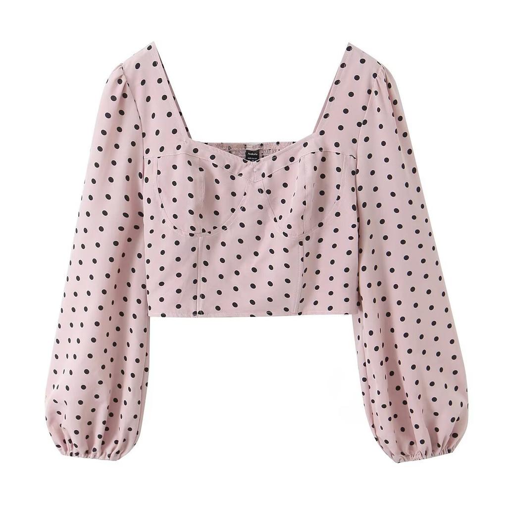 European and American style, new women's fashion, fashionable style, puff sleeve square neck fishbone mini top