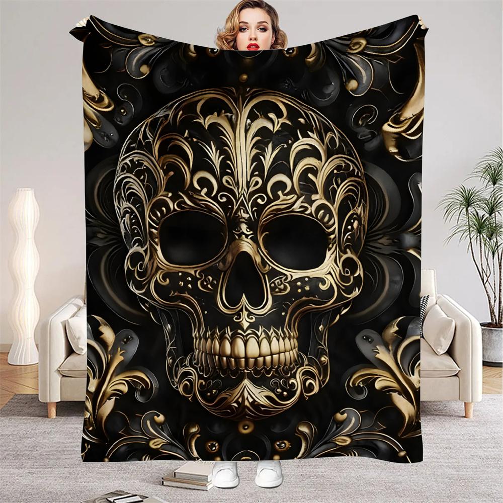 Black and Gold Skull Blanket Soft Cozy Warm Winter Flannel Throw Blanket All Seasons for Sofa Bed Room Decor