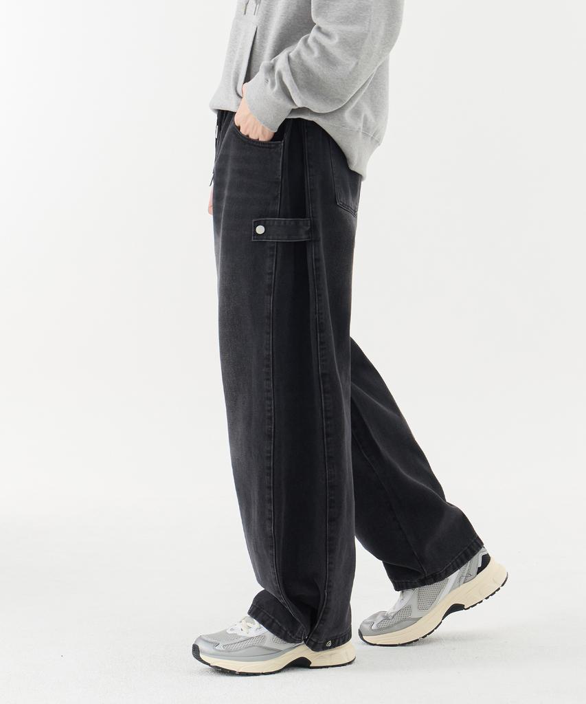 Akeusi Multi Side Strap Elastic Wide Denim Pants Unisex (Black)