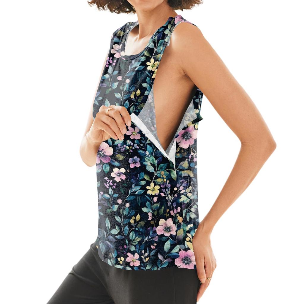 Women Shoulder Surgery Shirt Sleeveless Floral Print Top with Snap Buttons and Tear-Away Design Medical Recovery Apparel