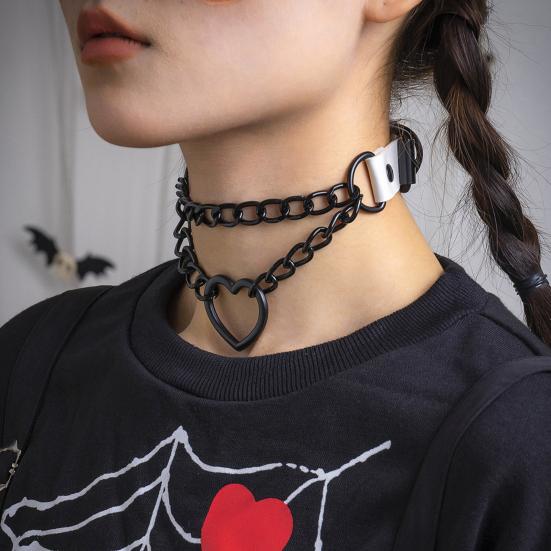 Necklace Chain Personality Twisted Chain Double Layer Faux Leather Sexy Gothic Punk Love Heart Pendant Collar Jewelry Accessory