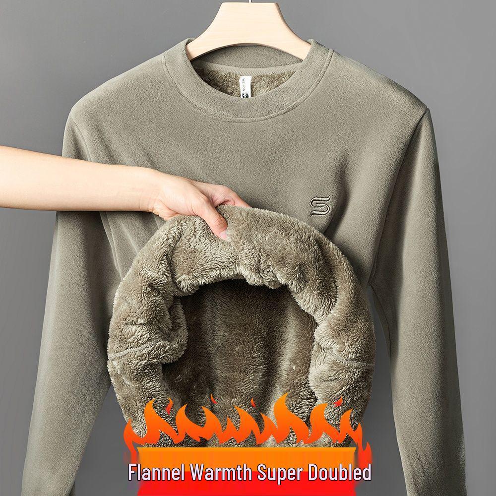 Men's Sherpa Fleece-Lined Sweatshirt: Thick, Warm, Round Neck Flannel Casual Top for Autumn and Winter