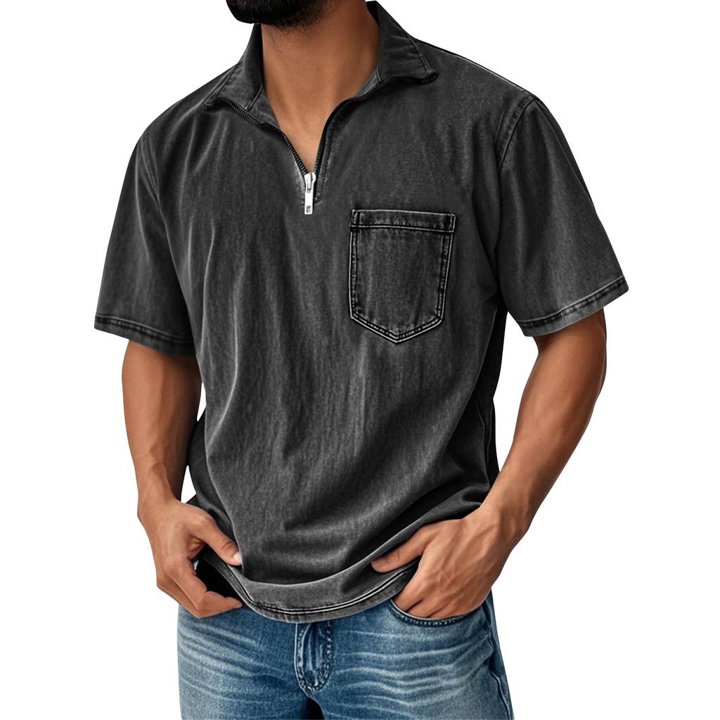 Men's Summer Color Vintage Zipper Pocket Lapel Short Sleeve Shirt Tops