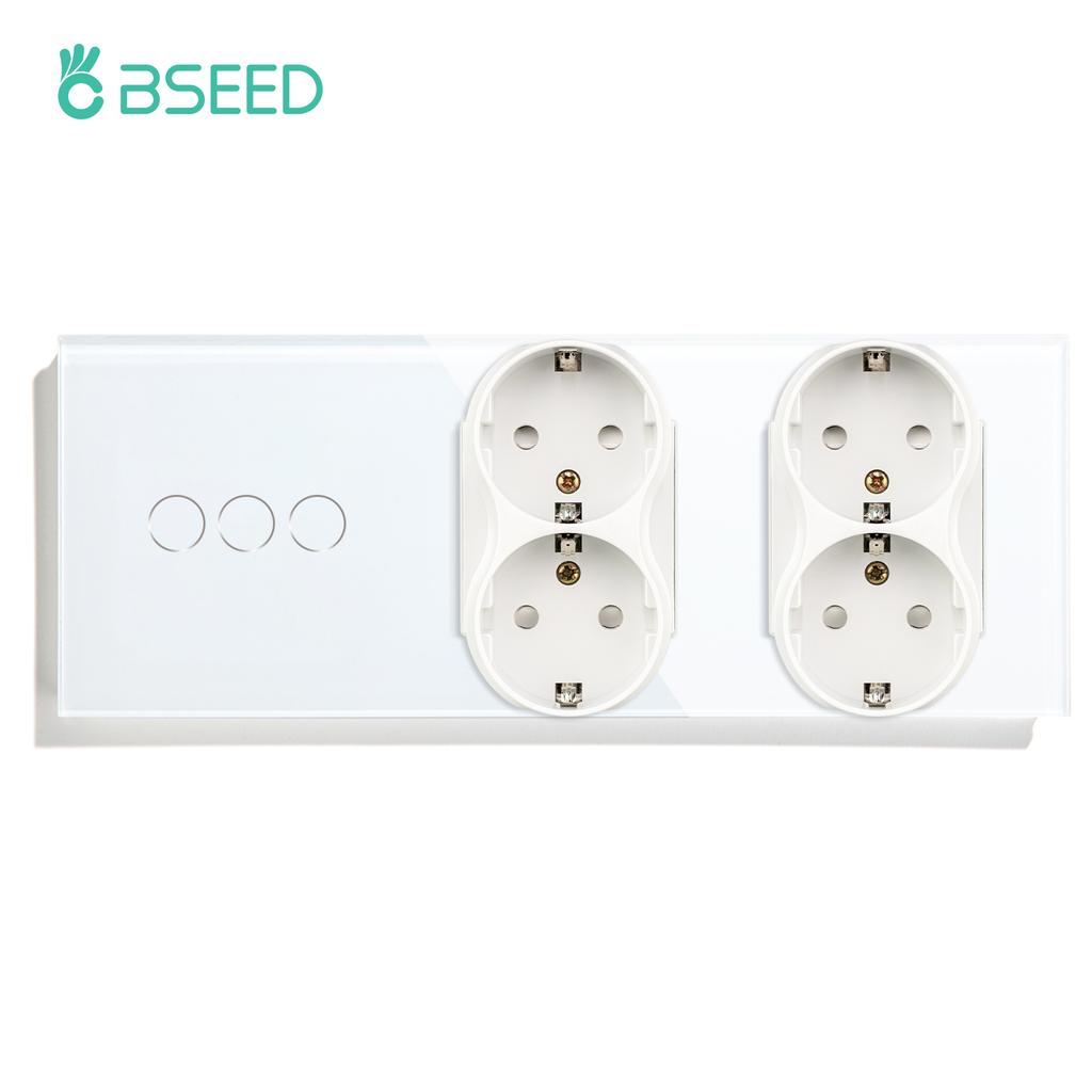 BSEED 1/2/3Gang Touch Light Switch With Power Socket 1Way Double EU Wall Sockets Dual Plug 16A Glass Panel Blue Backlight White