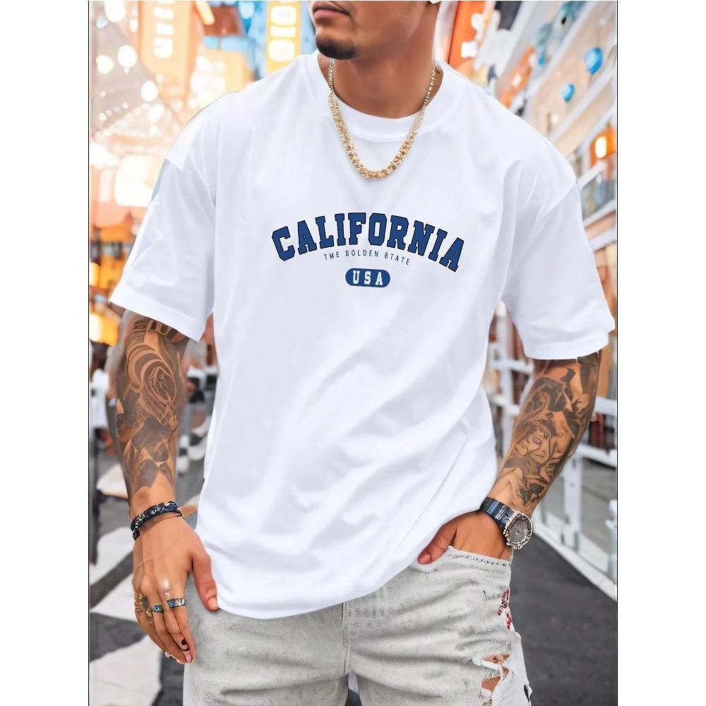Men's Pure Cotton Fashionable Casual Loose Letter Printed Round Neck Short Sleeved T-shirt Top