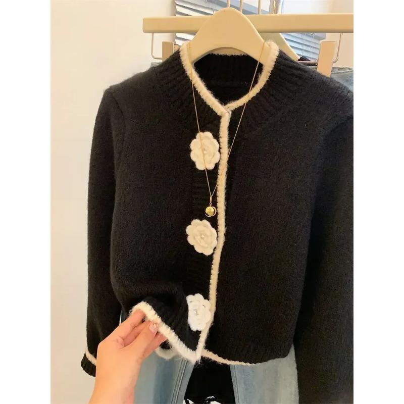 Cardigan French Sweet 3D Flower Knitted Cardigan Women Autumn Winter Vintage Color Contrast Slim Short Sweater Coat Fashion Tops