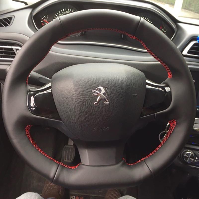 Для Peugeot 308 2014-2017 ручная прошивка нескользящая черная кожаная накладка на руль автомобиля 2