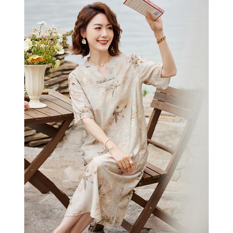 

Летнее платье 2025 года в китайском стиле с разрезом и коротким рукавом для женщин среднего возраста 3XL