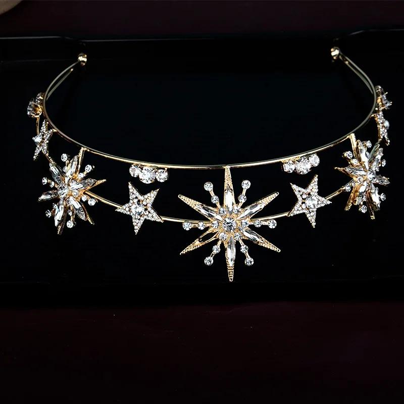Vintage European 6-Point Star Wedding Crown Tiaras Gold Color Rhinestone Diadem Princess Women Headband Bridal Hair Accessories