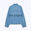 Spring New Women's Clothing French Pleated Design Shoelace Denim Long Sleeves Retro Lapels Shirt 8197061
