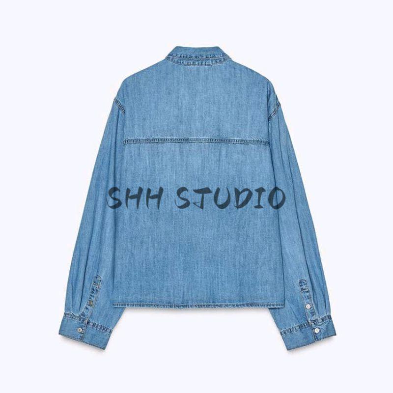 Spring New Women's Clothing French Pleated Design Shoelace Denim Long Sleeves Retro Lapels Shirt 8197061