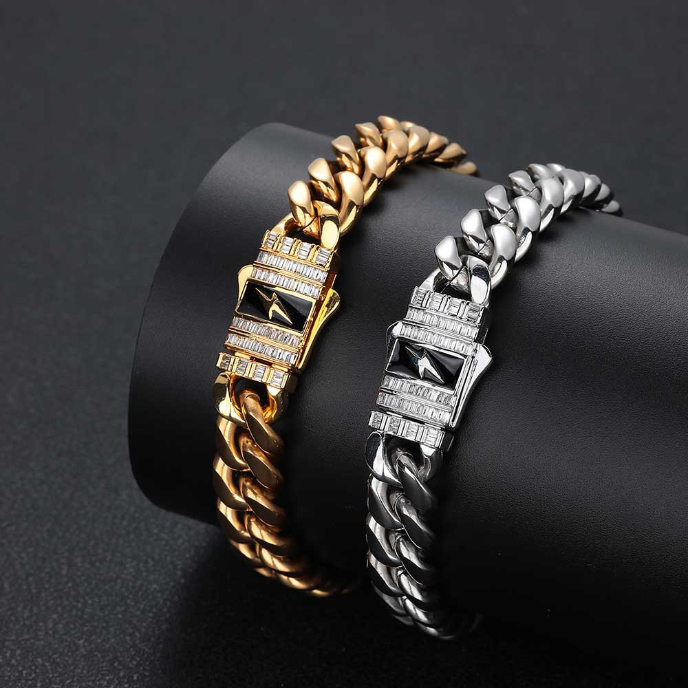 NUOYA Stainless Steel Cuban Link Bracelet Customizable Logo Unisex Iced Out Diamond Clasp Cuban Chain Bracelet for Men