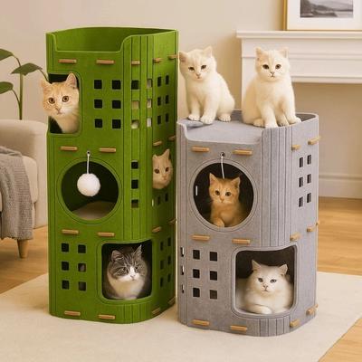 Casa de Gato Estilo Japonês com 2 ou 3 Andares com Buracos Cama de Gato Tudo-em-um Arranhador Cilíndrico Durável Casa para Pet