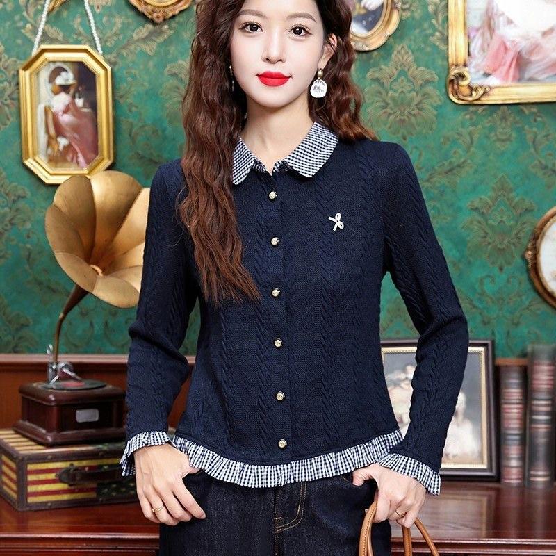 

Spring 2026 Stylish Long-Sleeve Faux Two-Piece Plaid Stripe Top with Chic Lapel Design XL (Recommended 115-125 jin) темно-синього кольору