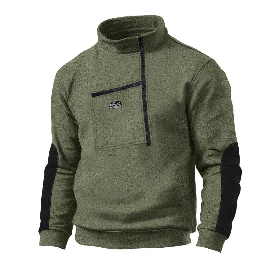 Men's Autumn and Winter Casual Winter Fleece Stand Collar Half Zip Long Sleeve Tactical Pocket Embroidered Hoodie Jumper