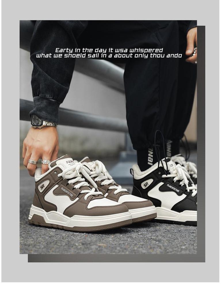Men's Fleece-Lined High-Top Winter Sneakers - Trendy Hong Kong Style, Versatile Casual Cotton Shoes for Warmth and Comfort.