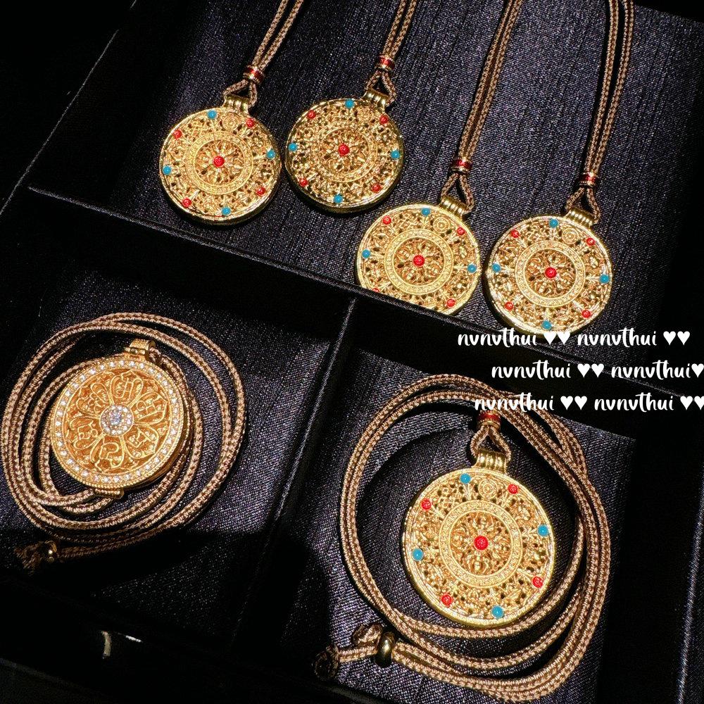 Gold Cloisonné Pendant Necklace & Auspicious Gourd Bracelet with Eight Treasures Design