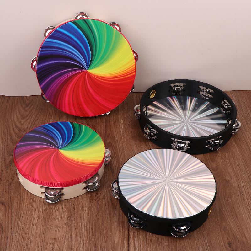 8/10 In Wooden Tambourine Handbell Hand Drum W/ Double Row Jingles Laser/Rainbow Drum Head Musical Percussion Instrument