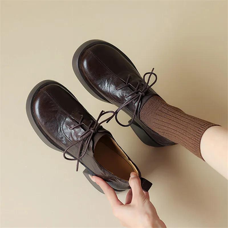 Fashion New Autumn Genuine Leather Women Loafers Round Toe Chunky Heel Lace High Heels Versatile Women Pumps Platform Shoes for Women