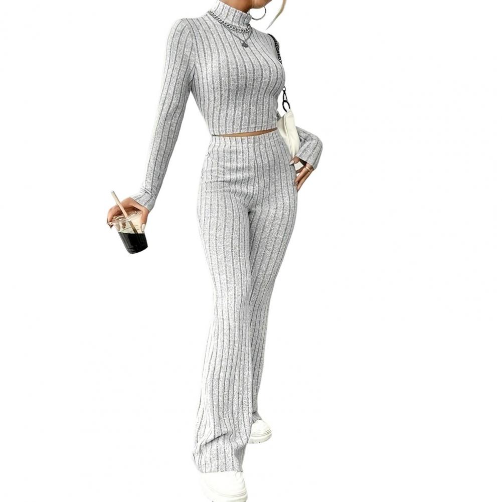 2 Pcs/Set Fall Winter Women Top Pants Set Half-high Collar Long Sleeves Slim Fit Sweatshirt High Waist Solid Color Striped Trous