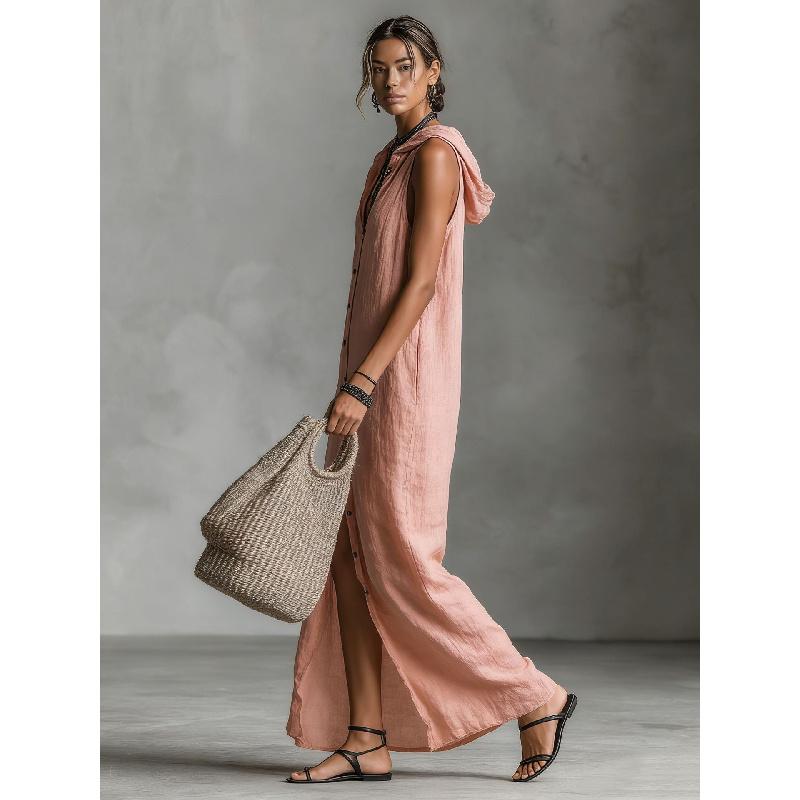 2026 New Women's Casual Loose Sleeveless Long Dress with Single-Breasted Buttons and Fashionable Hood