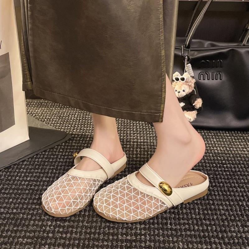 Round head fishing net hole shoes women's new one-pedal with skirt single shoes women's fashion flat slippers
