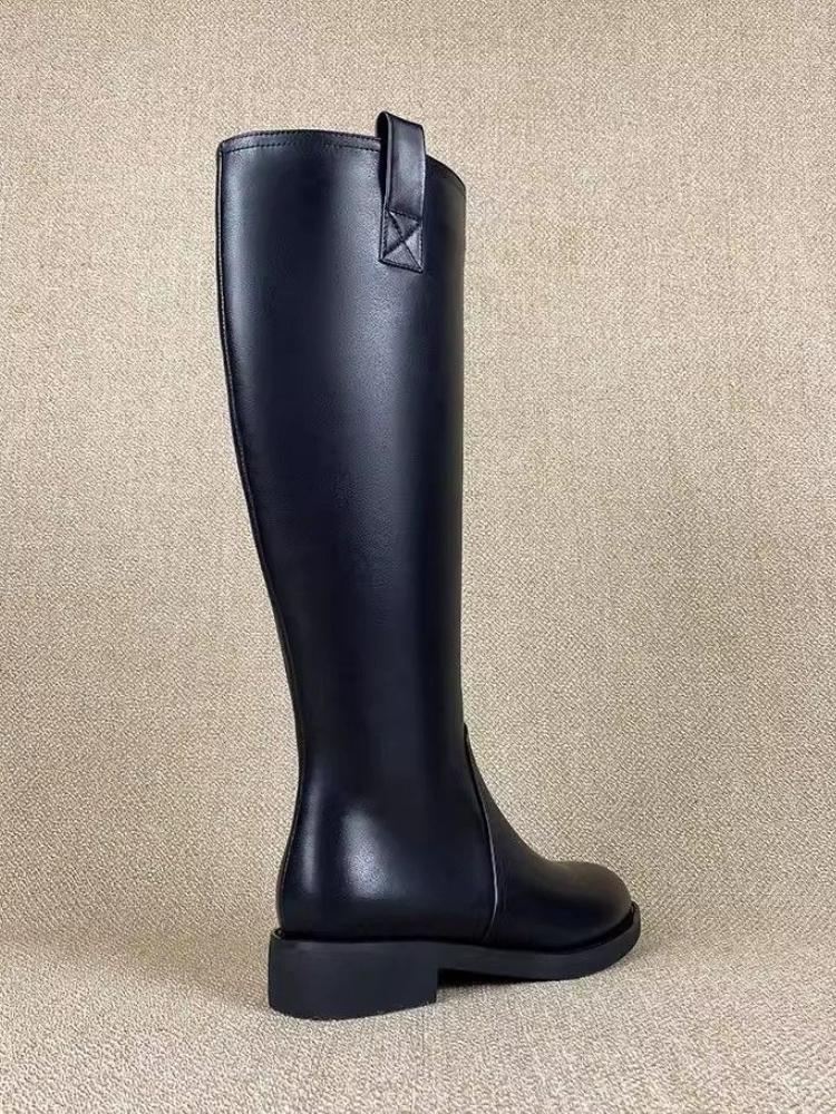 Czarne Skórzane Eleganckie Buty Damskie z Cholewką do Kolana na Średnim Obcasie Jesień Zima Ocieplane Polarem Okrągły Nosek Nowość w Damskich Kozakach