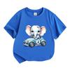 Kids Boys Girls 100% Cotton Crew Neck Short Sleeve T-Shirt, Cute Cartoon Baby Elephant Driving Racing Car Number 2 Print Casual Soft Summer Tee Tops F