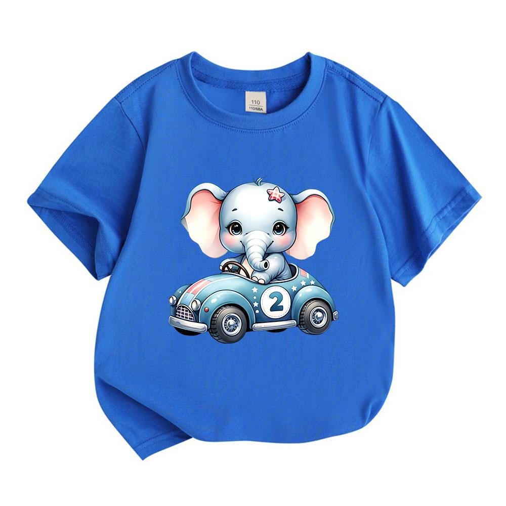 Kids Boys Girls 100% Cotton Crew Neck Short Sleeve T-Shirt, Cute Cartoon Baby Elephant Driving Racing Car Number 2 Print Casual Soft Summer Tee Tops F