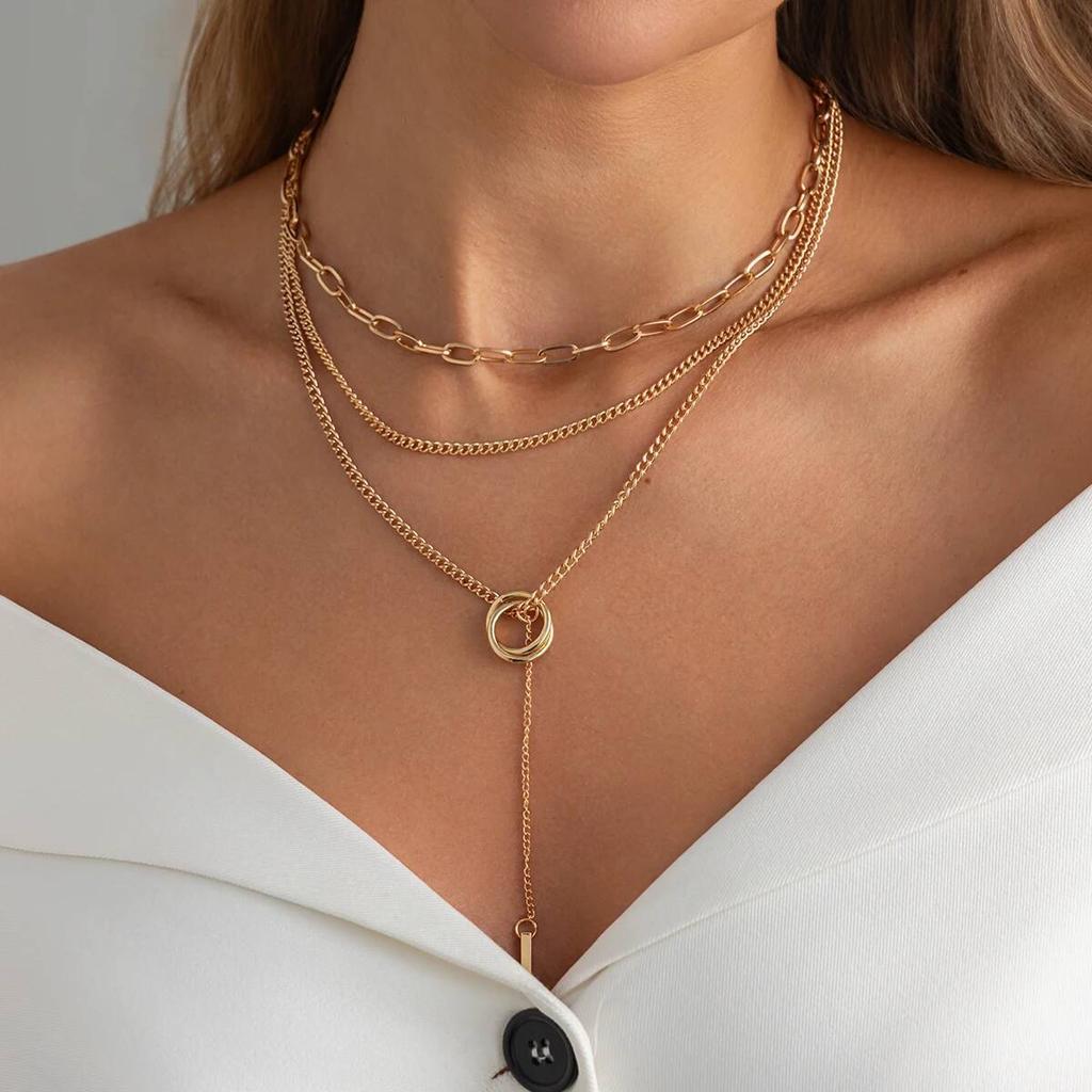 Salircon 2Pcs/Set Creative Simple Gold Color Hollow Round Metal Choker Necklace Women Trend Adjustable Chain Charm Daily Jewelry
