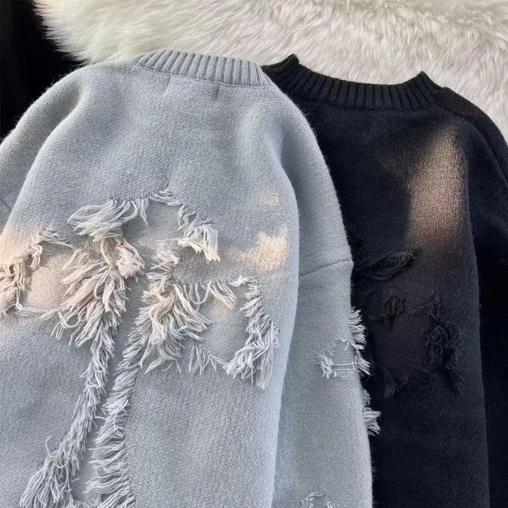 Y2k Streetwear Svetr Pánský Retro Děrovaný Svetr s Třásněmi Volný Všestranný Pletený Pulovr Dlouhý Rukáv Jumpery Oblečení