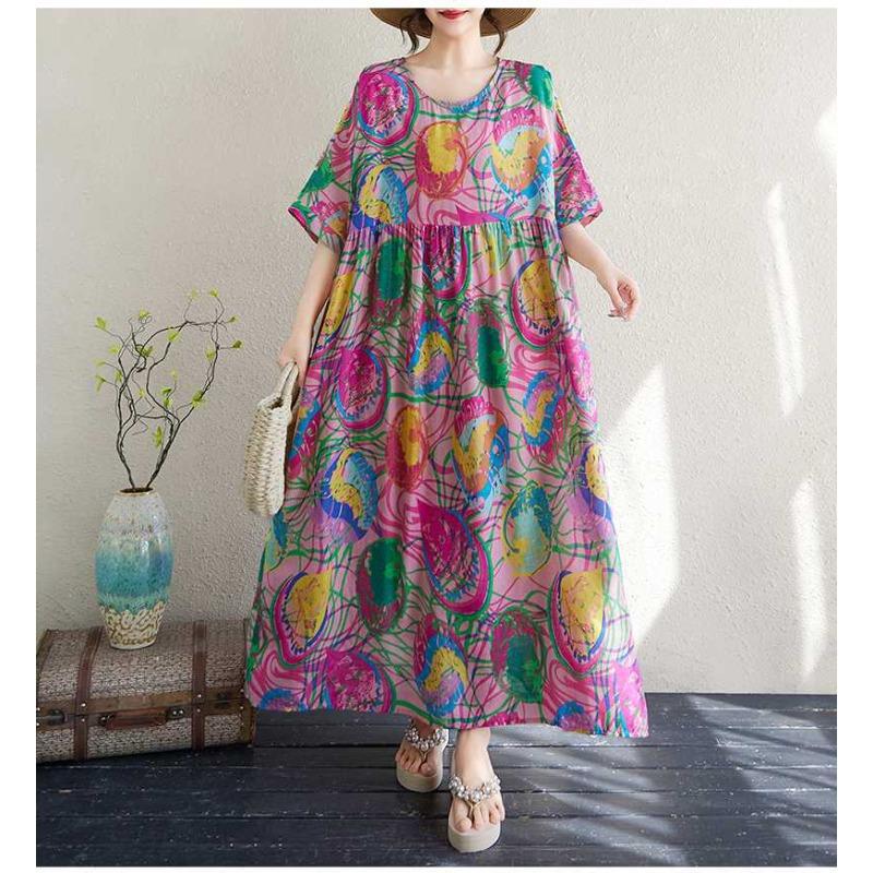 Women's Thin Cotton and Linen Round Neck Short Sleeved Minimalist Long Skirt