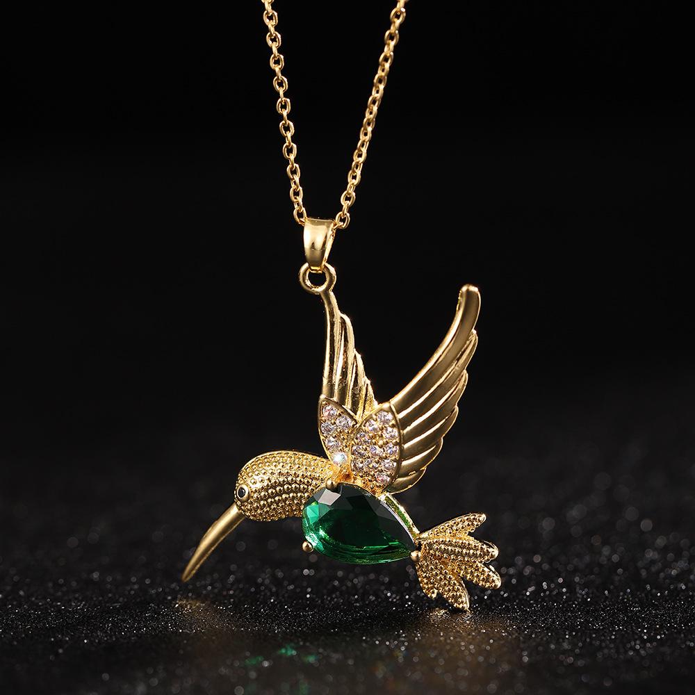 Colorful Zircon Pearl Hummingbird Flying Pendant Necklace Titanium Steel Collarbone Chain Women's Unique Design