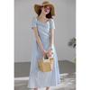 VICTORIA&VERA Gentle Mist Blue French Square Neck Pleated Dress