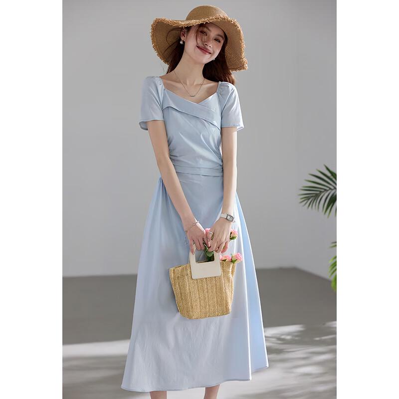 VICTORIA&VERA Gentle Mist Blue French Square Neck Pleated Dress